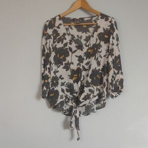 Brown 3/4 Sleeve Tie-Front Blouse
